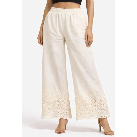 Cotton Palazzo | Bottom Cut-Work Embroidery | Cream Color