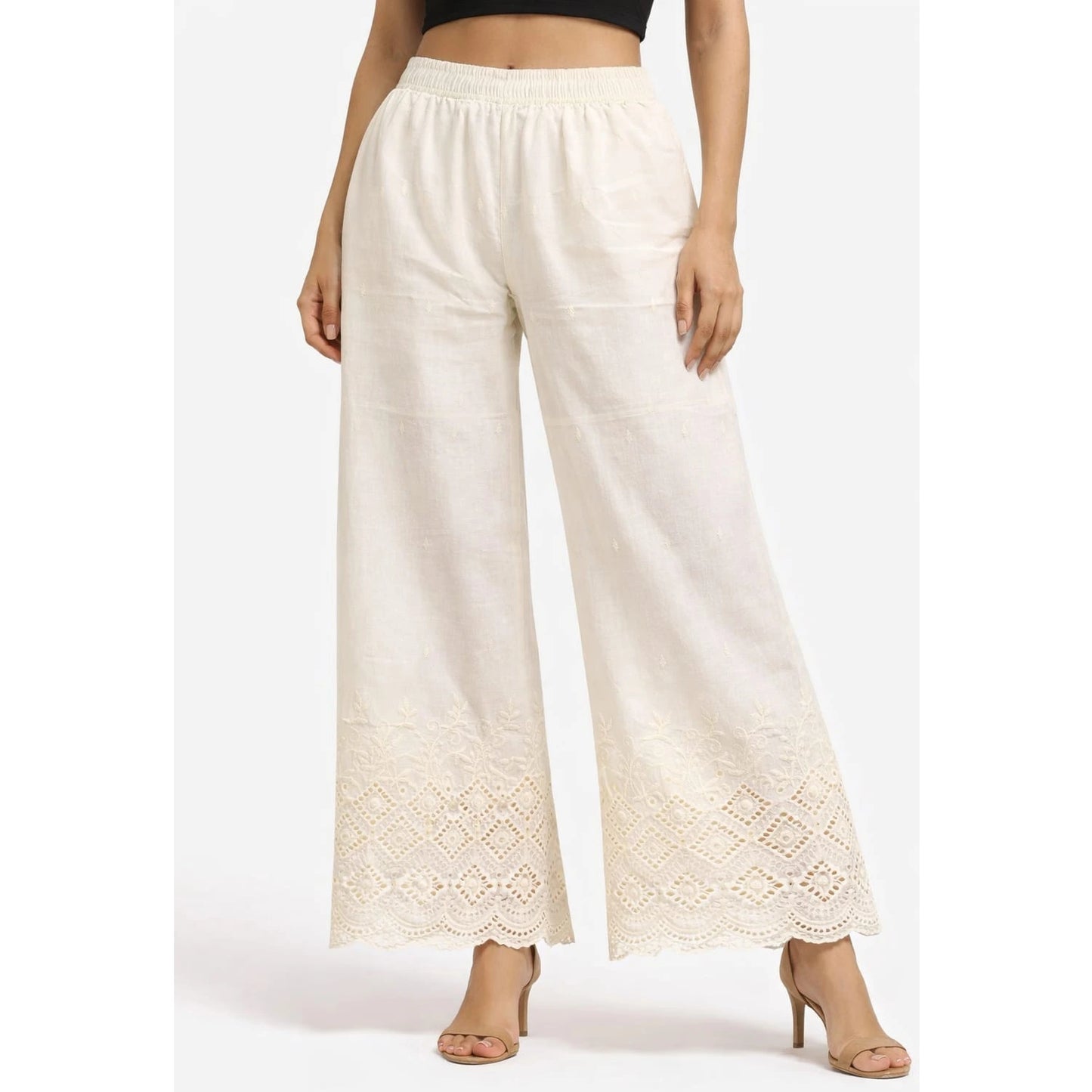 Cotton Palazzo | Bottom Cut-Work Embroidery | Cream Color